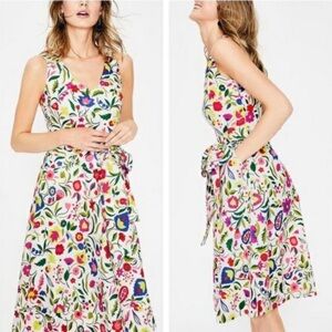 Boden White Floral Folk Pop Jade Linen Blend Sleeveless Dress Size 6